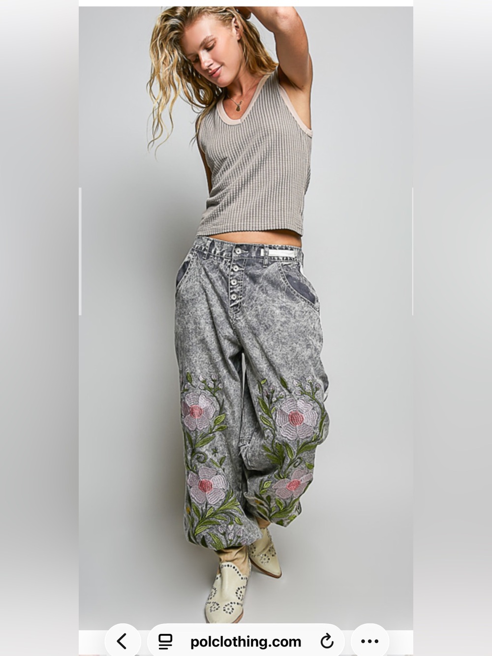 POL Gray Acid-Wash joggers with Pink Floral Embroidery